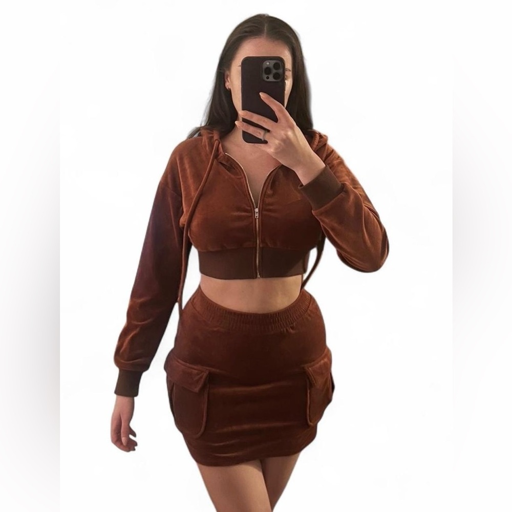 Y2K Brown Velvet Crop Hoodie & Skirt Set Size S